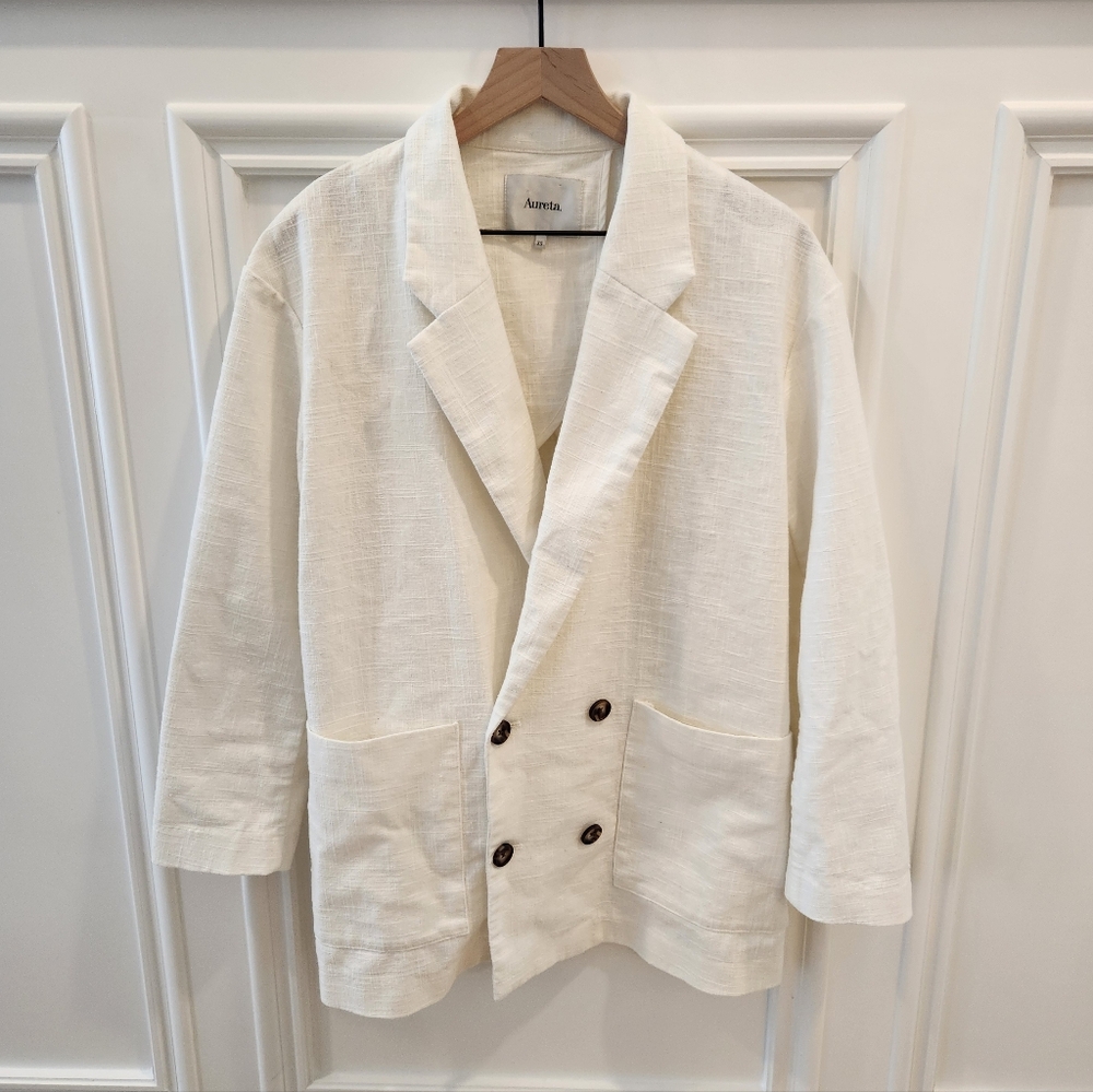 Aureta Oversized 100% Linen Blazer Ivory White - Picture 2 of 7